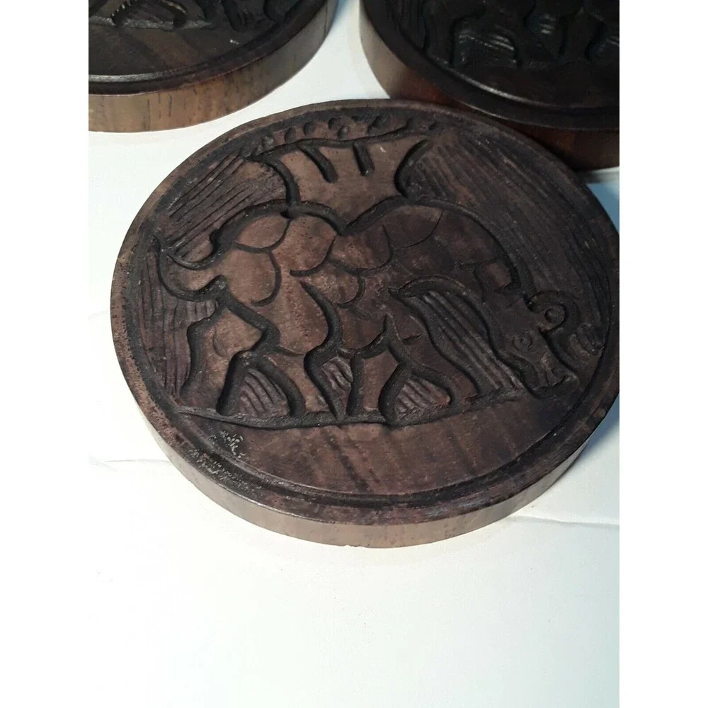 Drink Coaster Set,Wood Carved Set with Holder. African Animal Theme 7 Piece